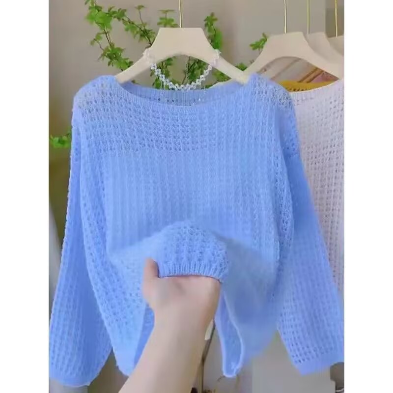 Summer Clothing Yarn - بلوزة نسائية فضفاضة رقيقة محبوكة بأكمام