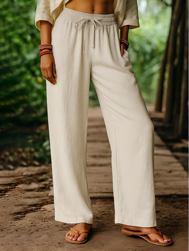 Palazzo Pant Wide - سراويل نسائية من الكتان بخصر مطاطي