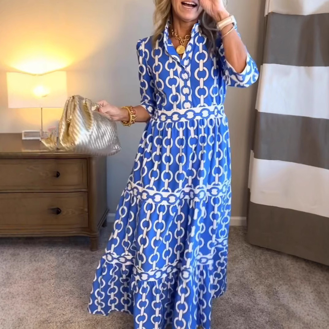 Summer Clothing Amazon - طباعة هندسية فستان طويل الصيف الربيع
