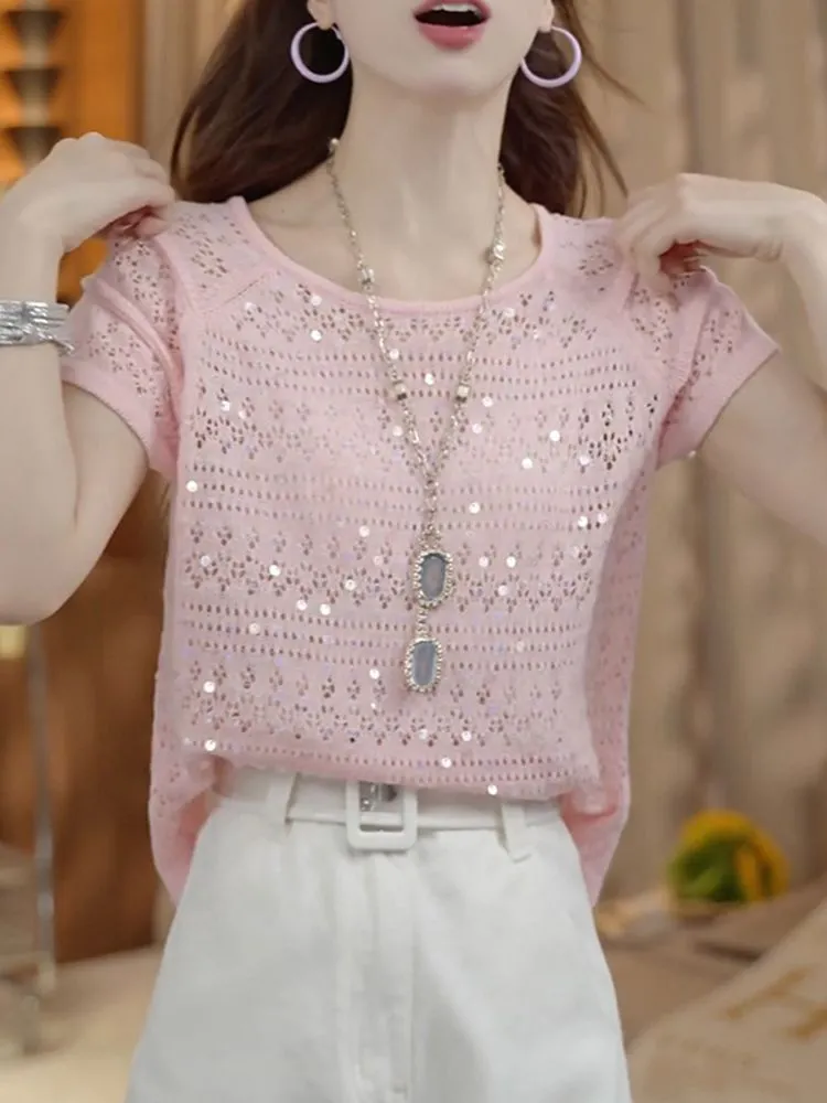 Summer Clothing Yarn - الاتجاهات الحلوة الترتر بلوفر مغزول المرأة
