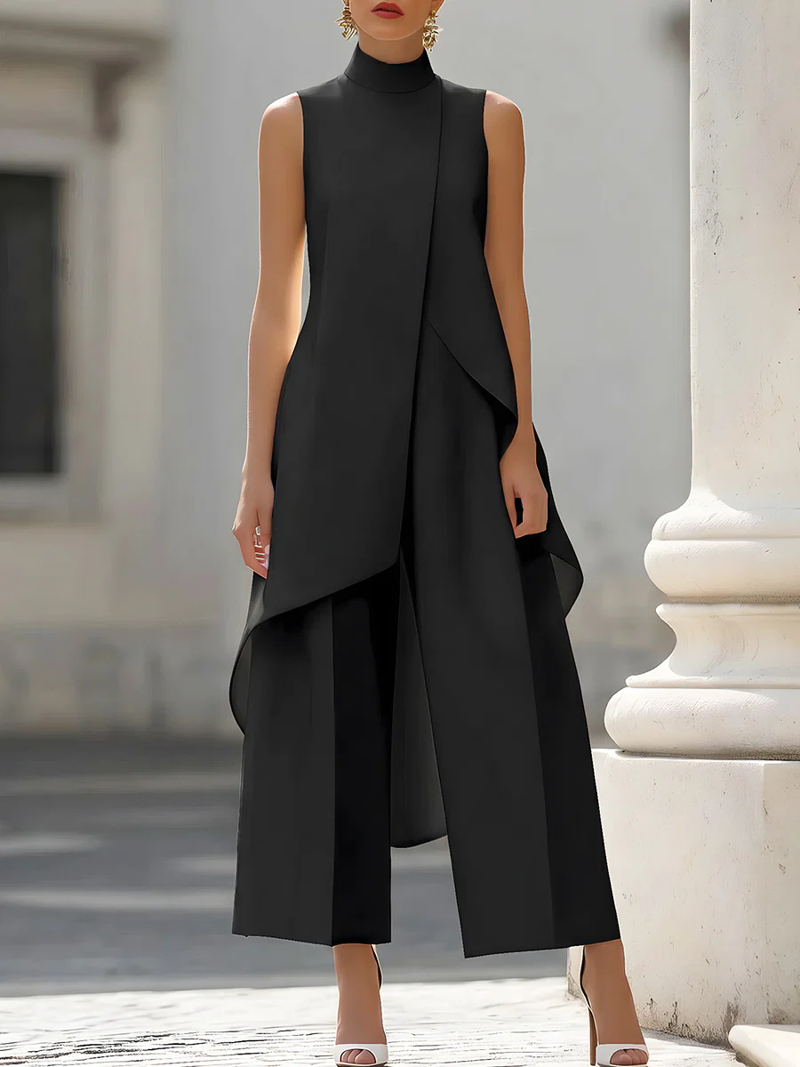 Palazzo Pant Wide - بدلة نسائية بدون أكمام ذات ياقة