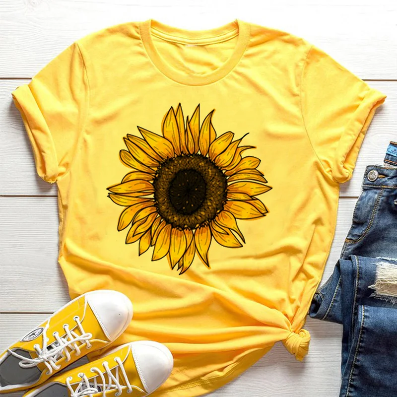 Yellow Summer Clothing - تي شيرت نسائي أصفر بنمط زهرة