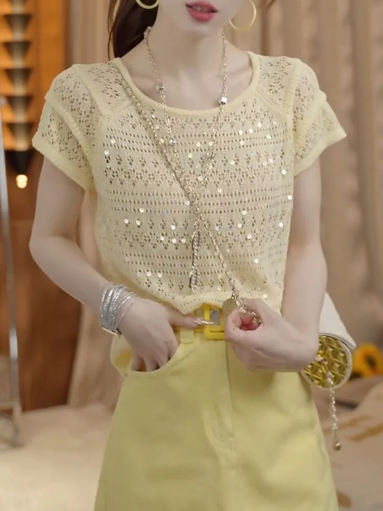 الاتجاهات الحلوة الترتر بلوفر  - مراجعة Summer Clothing Yarn وسعره