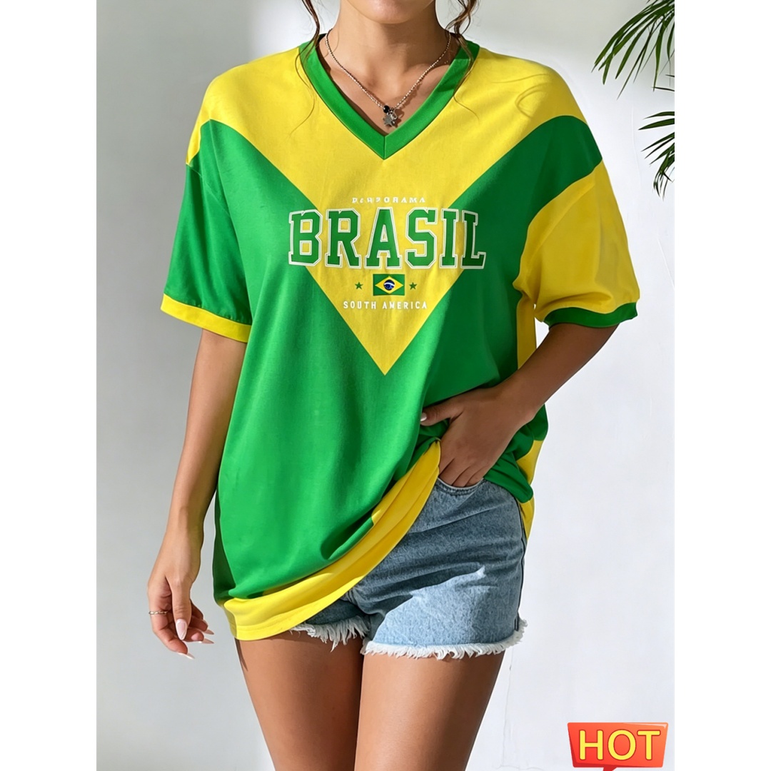 تي شيرت برازيلي جديد للنساء، ت - مراجعة Yellow Summer Clothing وسعره